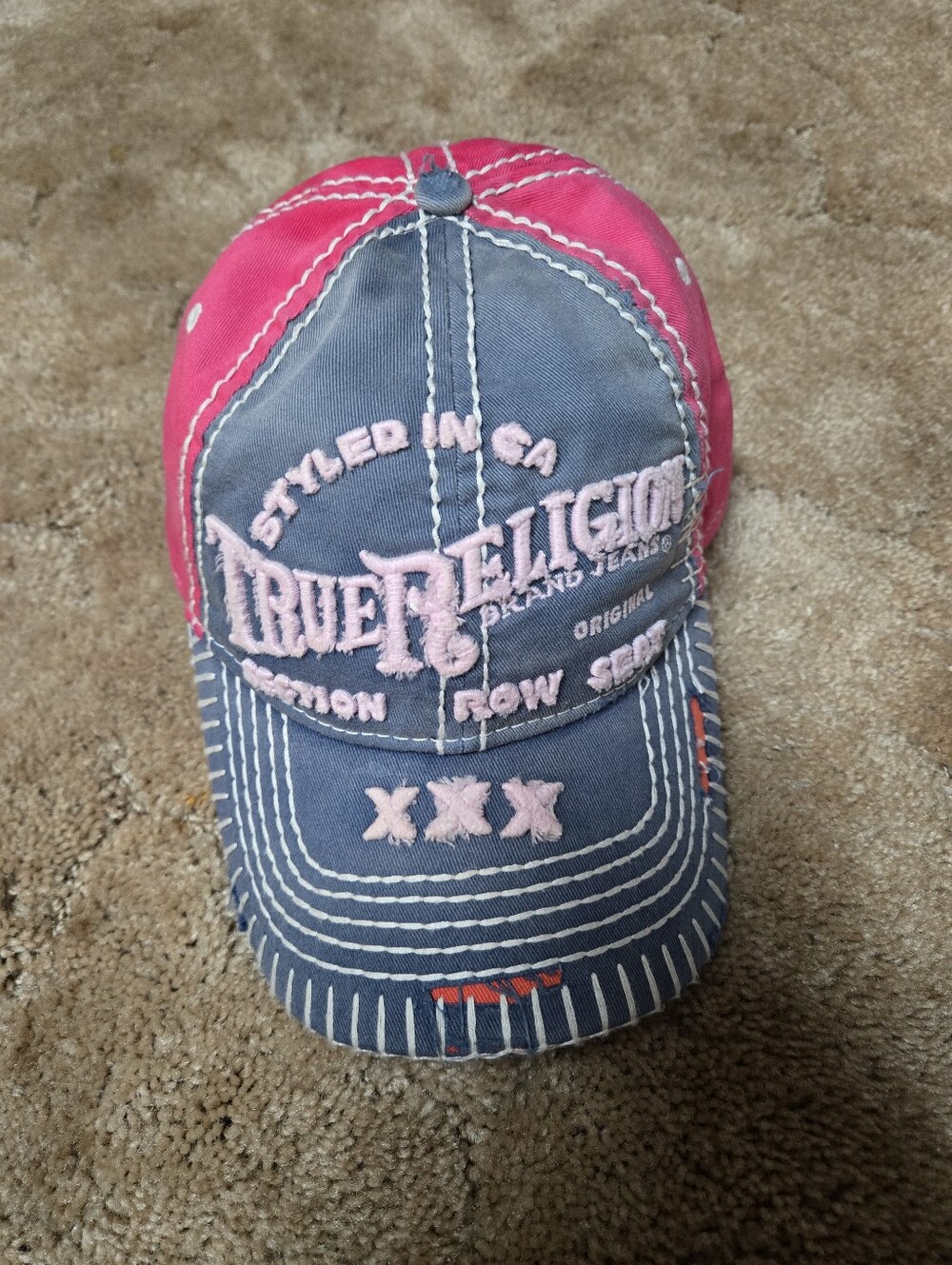 True Religion Triple X Pink & Faded Blue Embroidered Baseball Cap